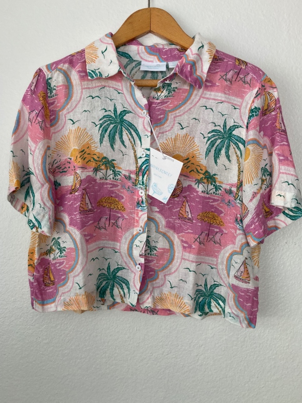 Cynthia Rowley 100% Linen Button Down Top Large Tropical Vacation NWT